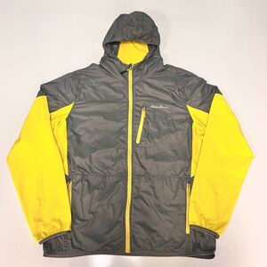 Eddie Bauer Mens L Windshell Jacket Hooded Packable Gray Yellow Lightweight
